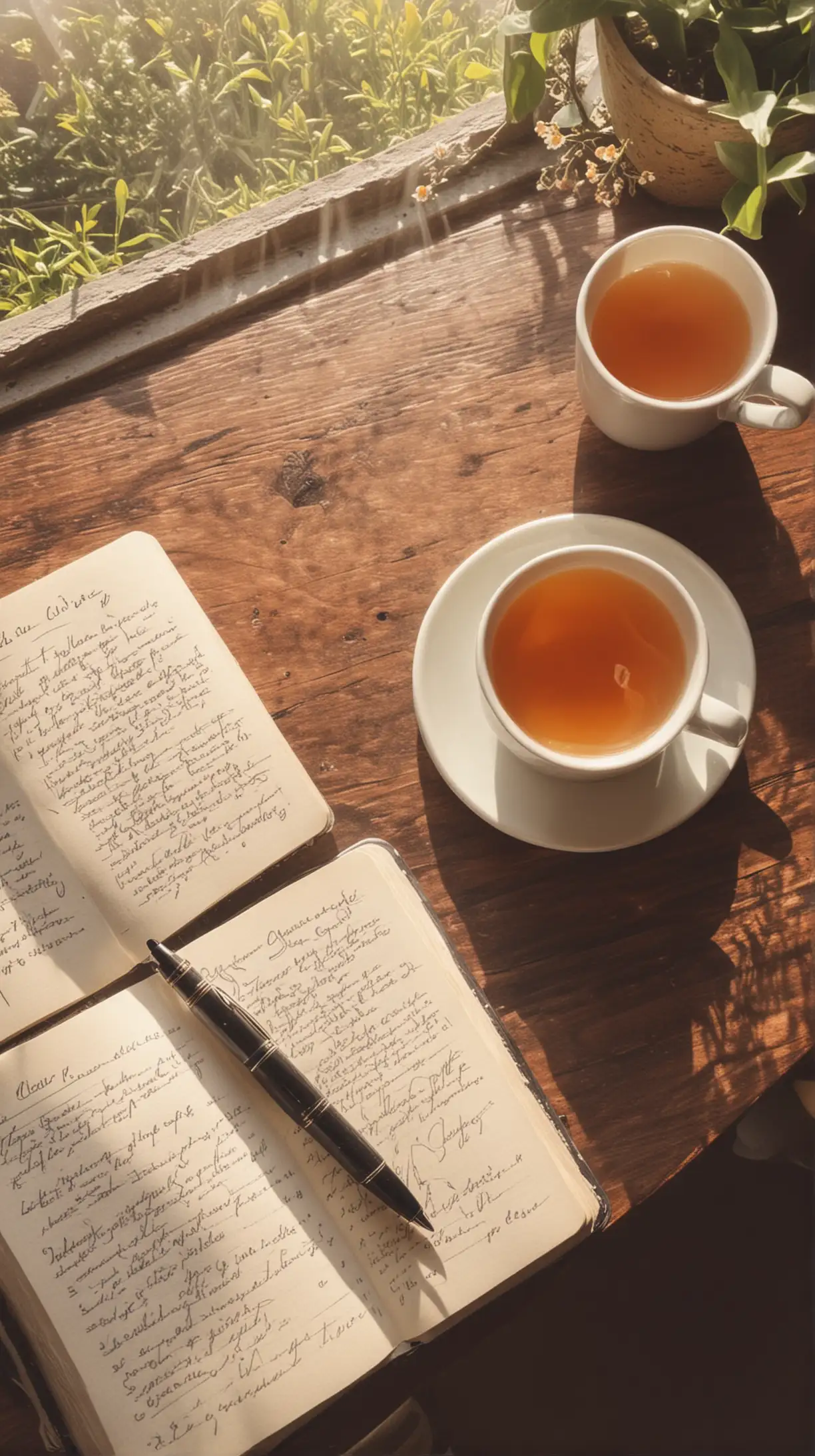 Morning Sunlight Desk Setup with Manifestation Journal Pen and Tea