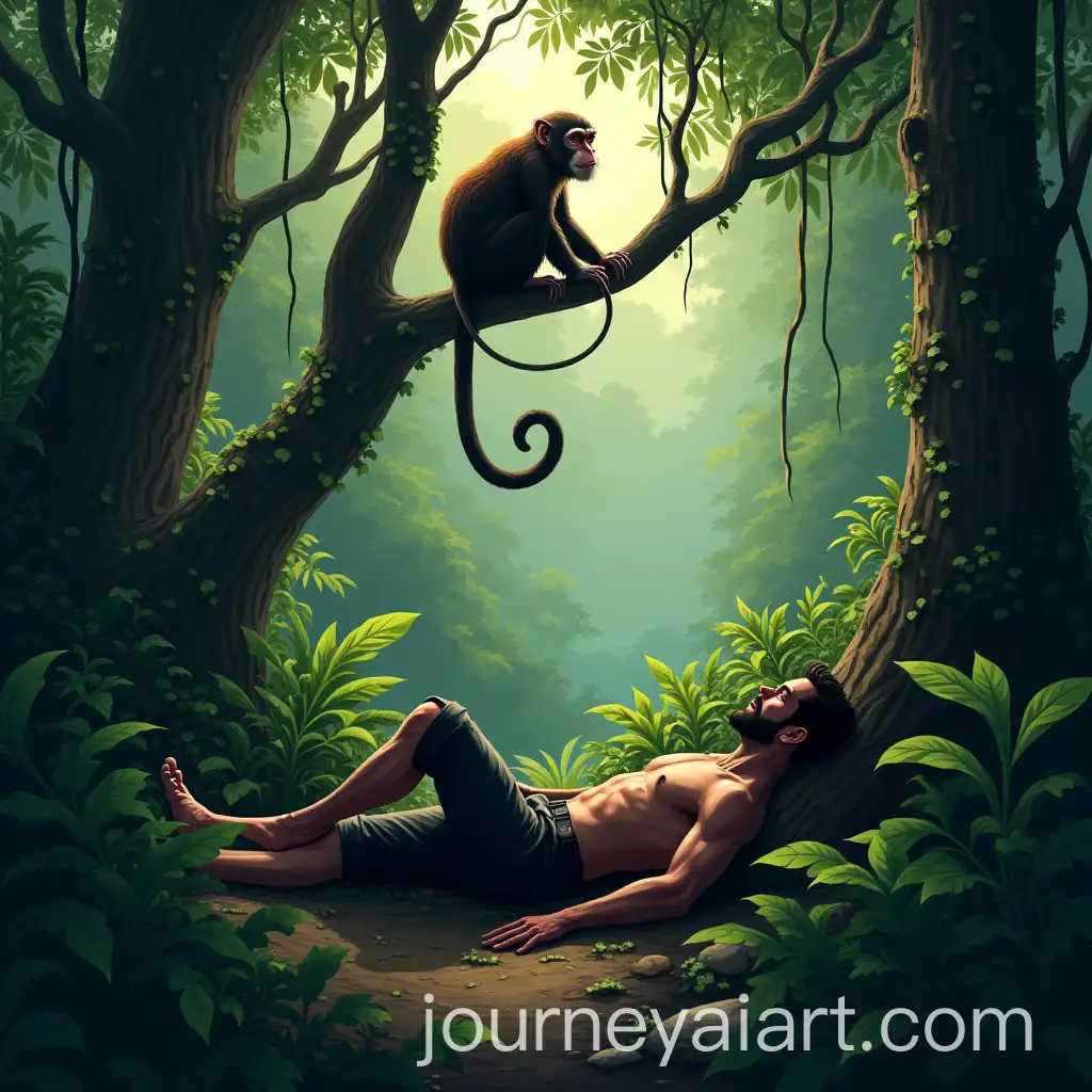 Man-Lying-in-Tropical-Jungle-with-Mischievous-Monkey