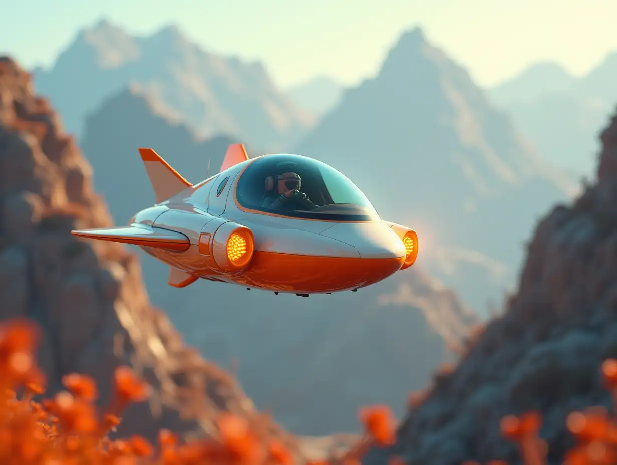 A small retro white-orange spaceship, glossy parts, with glowing headlights, glass, windshield flies very close over mountains with colorful plants, 4k resolution colorful