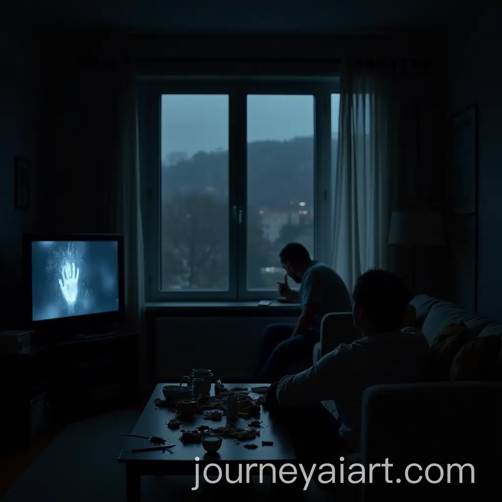 Panic-in-a-Dark-Living-Room-with-Fingerprints-on-Window-at-Night