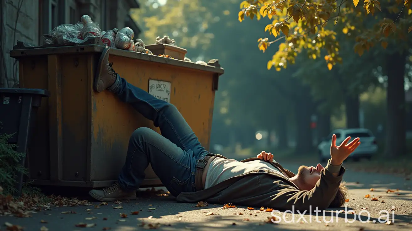 A drunkard lies near a dumpster and raises a hand in the direction