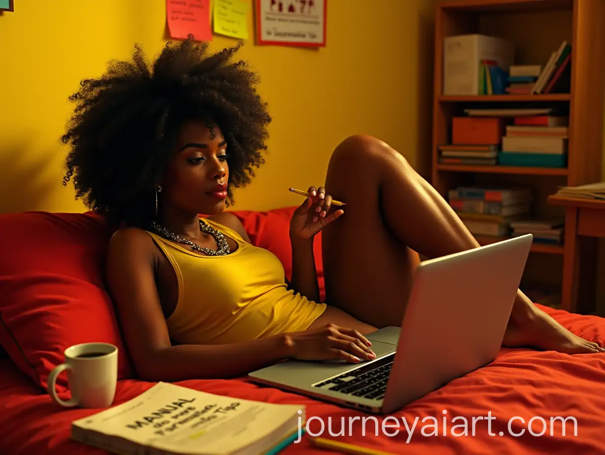 Black-Woman-Relaxing-in-Study-Room-with-Laptop-and-Study-Materials