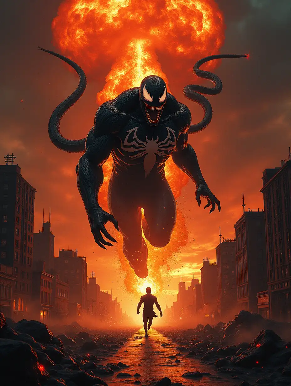 giant acid nuclear explosion destroys city 60x slow and vnom the black parasitic symbiote snake runs to road wıth venom 3 the last dance logo