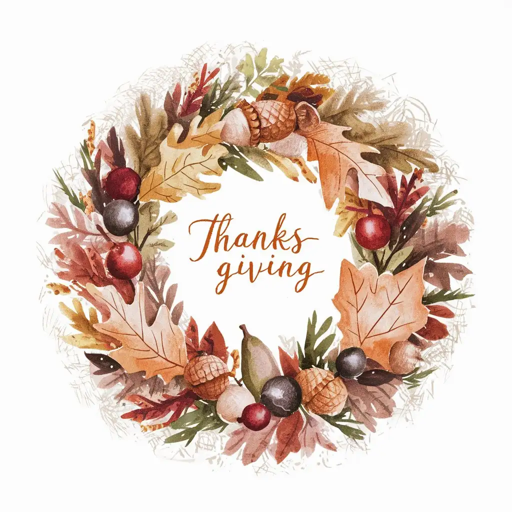 Aesthetic Watercolor Thanksgiving Wreath on White Background