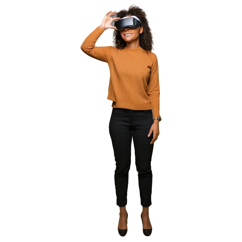 Portrait of African American woman using virtual reality headset, isolated on white background