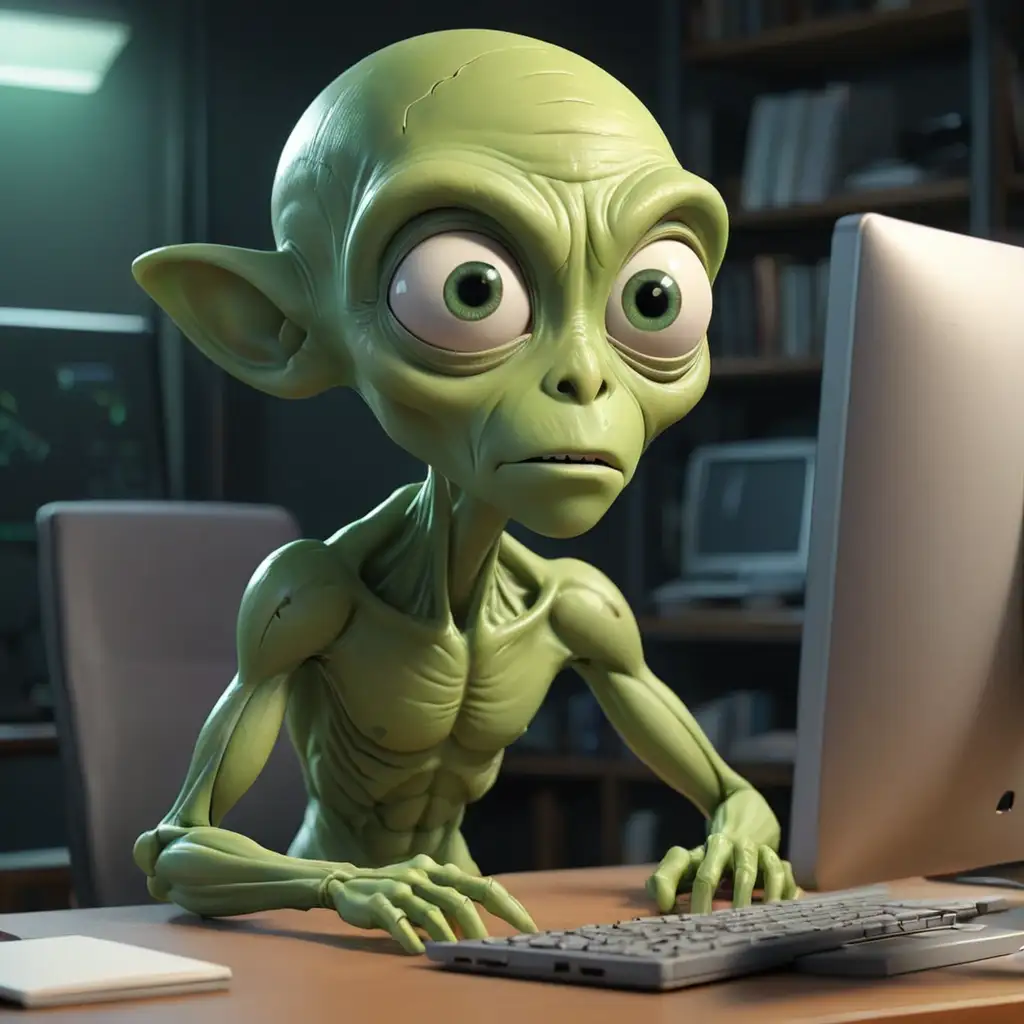 one small lonely green alien studying finite element element in front of computer