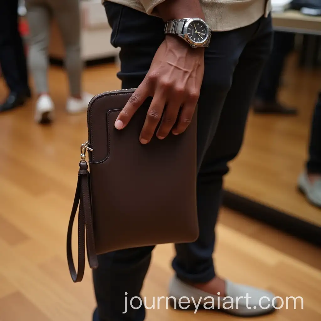 Black-Man-Holding-Stylish-Dark-Brown-Leather-Clutch-Bag-in-Luxury-Store