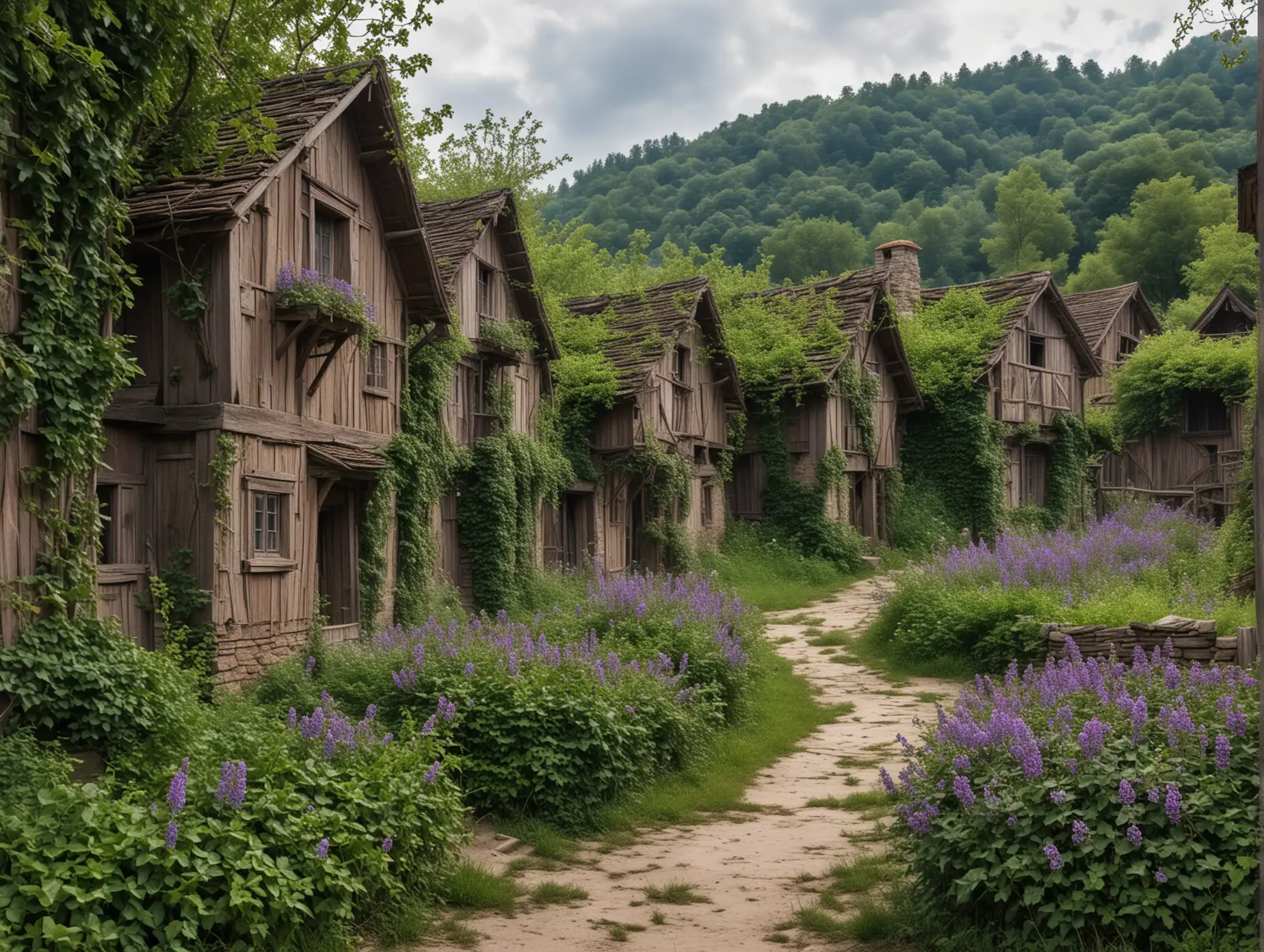 Abandoned-Medieval-Village-with-Wooden-Houses-Entwined-with-Ivy-and-Purple-Prickly-Flowers