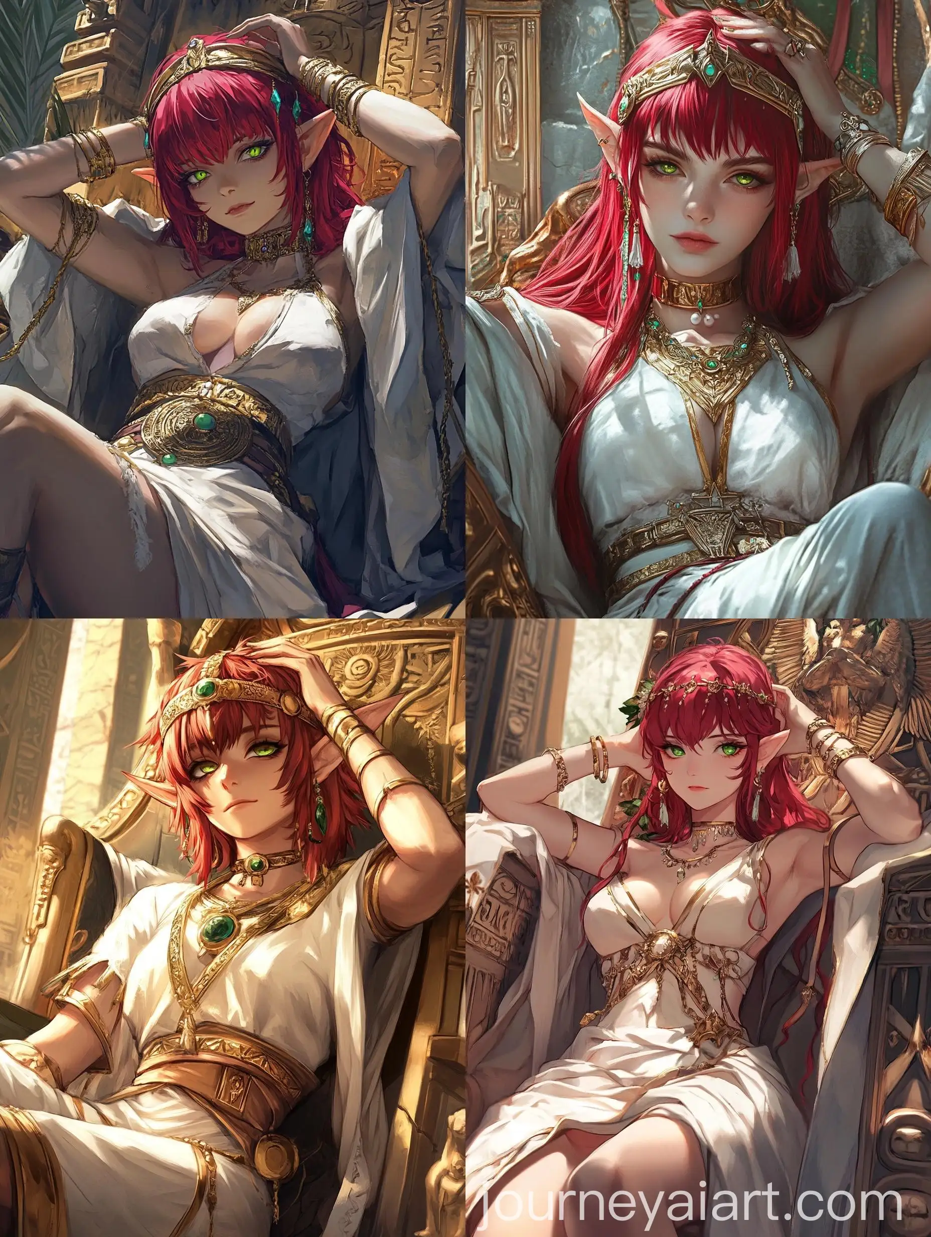 Animestyle-CrimsonHaired-Elf-Chief-on-Babylonian-Throne