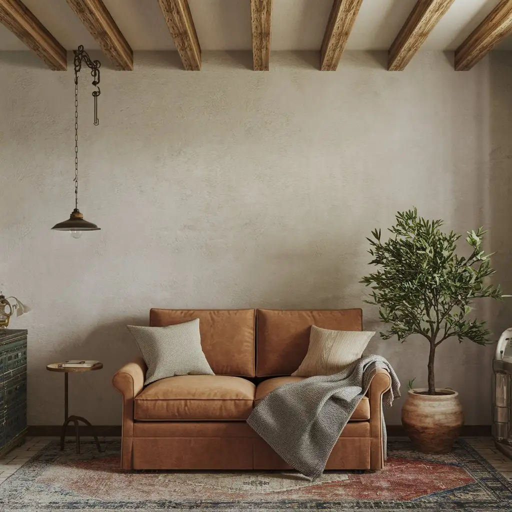 Cozy-Rustic-Love-Seat-with-Plant-and-Side-Table