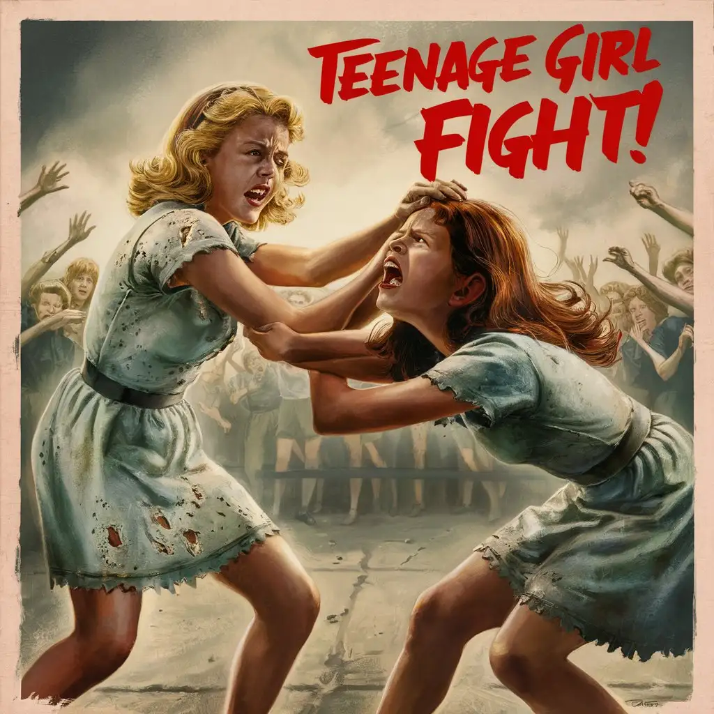 a 1950's movie poster for the B movie "Teenage Girl Fight!" a beautiful sexy blonde teenage woman in tattered girl dress grabbing the head of a beautiful sexy brunette teenage woman in a tattered  girl dress, in a school yard. Expressive wincing faces. The brunette is reaching for the auburn haired woman's head. The brunette is leaning forward with her head tilted back and her eyes closed. Ominous atmosphere., a crowd cheers. Epic comic book fight panel.