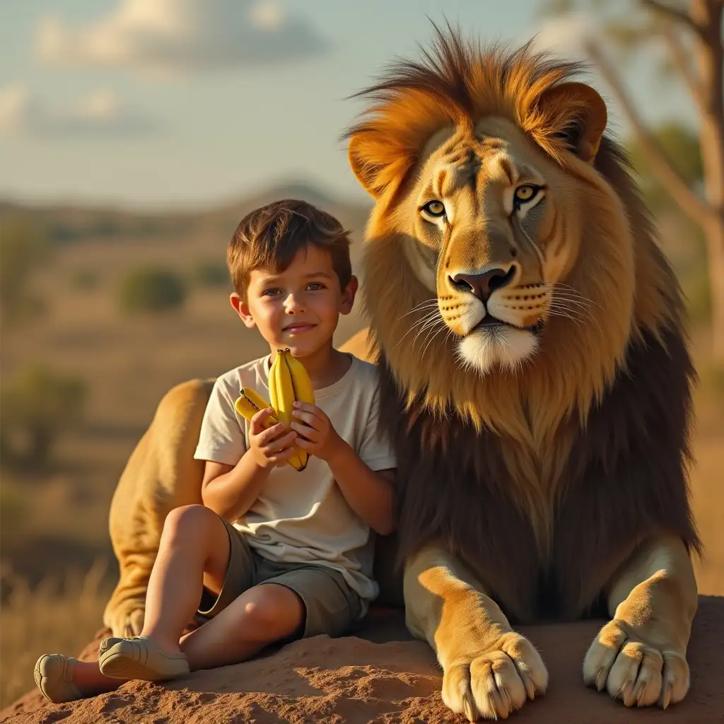 the boy siting w on the back of the lion while eating a banana