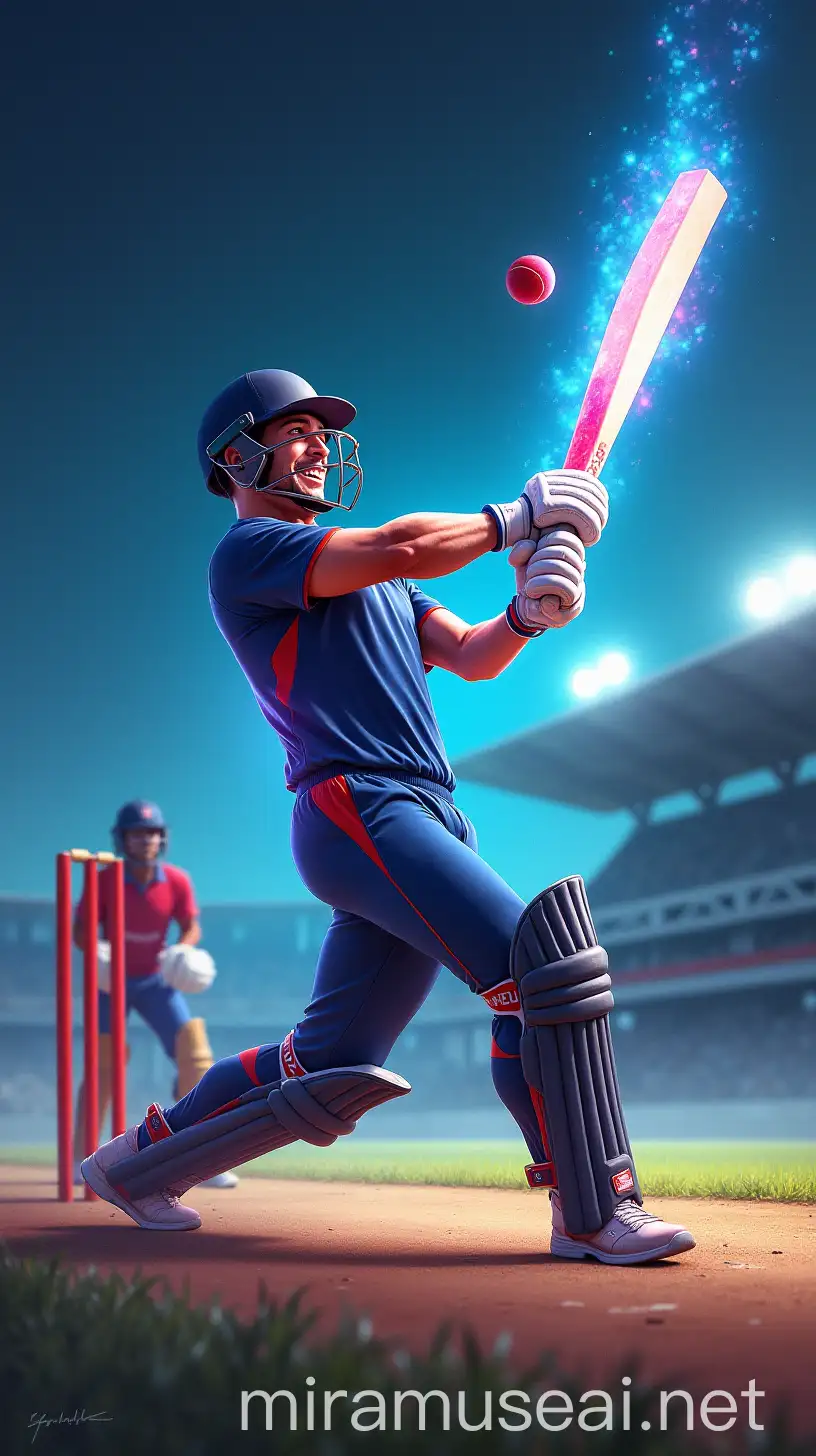 Dynamic Cricket Player Batting with Vibrant Ball Trail