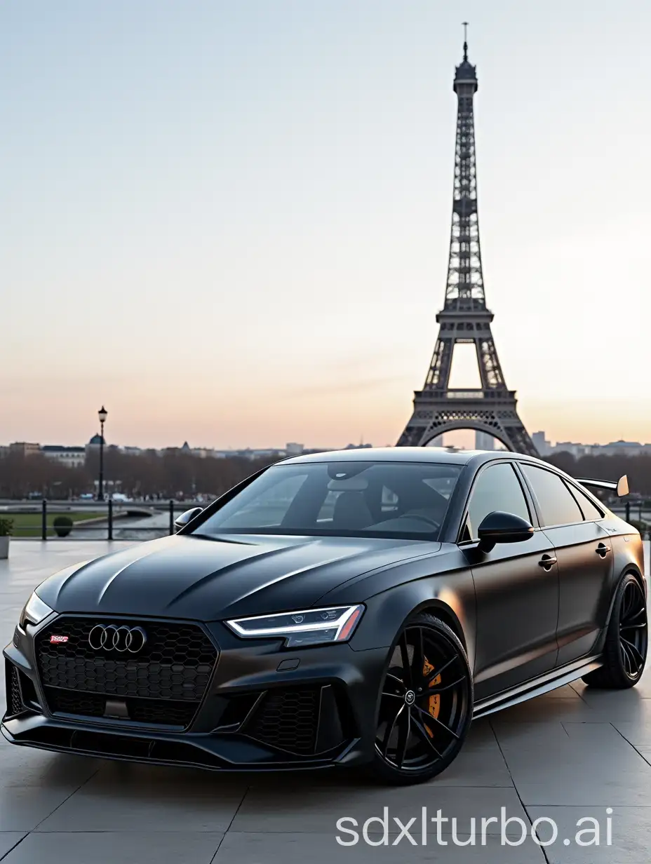 RS6 black matte in front of the Eiffel Tower