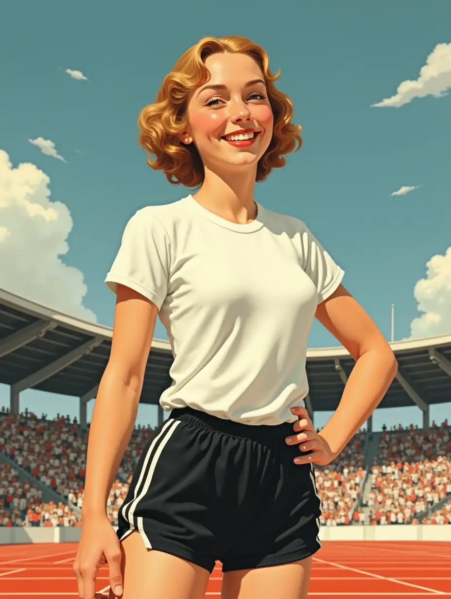 1930s, USSR, girl - athlete, stadium, smile, happiness, white T-shirt and black shorts, hot summer, sunny day, blue sky, small clouds, illustration from a Soviet magazine.