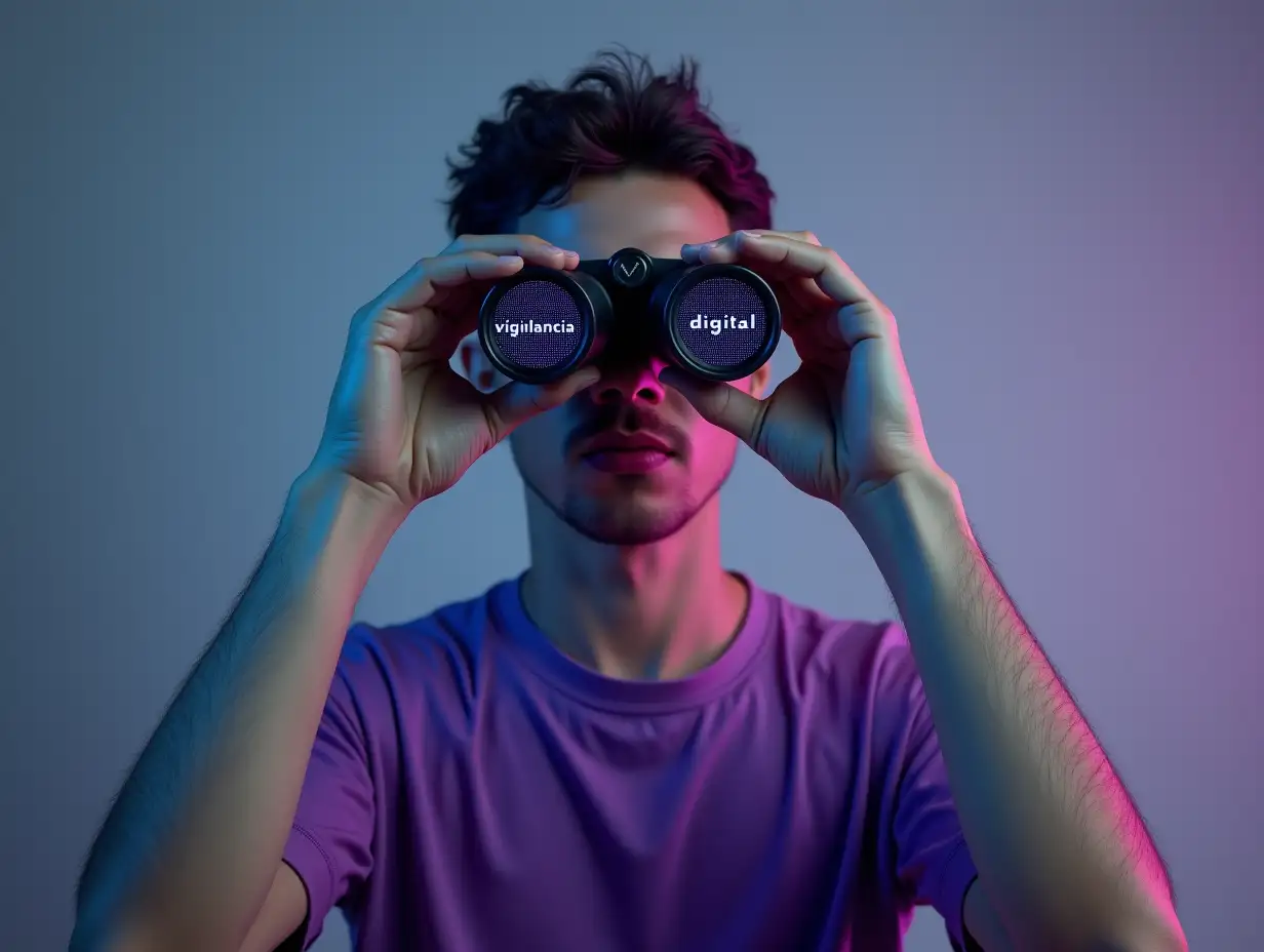 Create a hyper-realistic image of a person wearing a purple t-shirt, standing against a neutral or slightly futuristic background, holding binoculars to their eyes. The focus is on the binocular lenses, which display the words 'vigilancia' in one lens and 'digital' in the other, both of them has binary code in their reflections. The person’s facial expression should reflect alertness and focus, with subtle light reflections adding emphasis on the lenses. The overall color palette should complement the purple t-shirt, with tones of violet and dark grays to create a serious yet modern atmosphere