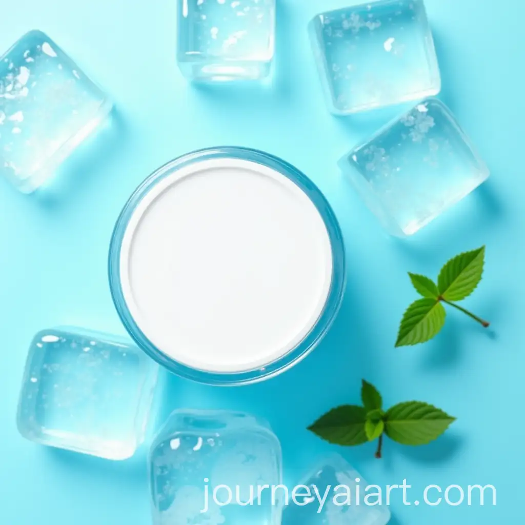 Cosmetic-Container-on-Clear-Ice-Cubes-with-Mint-Leaves-and-Blue-Gradient-Background