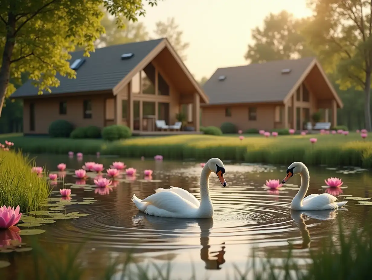 in the frame, a little remotely, there is one very cute swan, it all happens on the shore of a huge eco-pond with crystal clear water and large pink water lilies and natural gently sloping grassy banks with a bioplate of higher lake plants, similar to wild ponds, and a couple more swans swim in a pond near the shore, and on the other side there is only 3 small one-storey houses are located at some distance from each other and at a distance from the shore of the pool, these houses have the appearance of a one-storey chalet with a gable roof, built from a wooden beam system consisting only of vertical wooden beams and only in the half-timbered style between glass beams - only with glass walls - with panoramic windows in all walls from floor to roof, that is, each wall is a panoramic window, at sunset and the glare of sunset light, the foreground is in focus, and the background is blurred, realistic