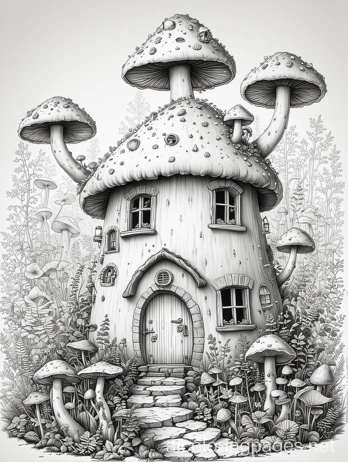 Fantasy-Round-House-and-Mushrooms-Coloring-Page