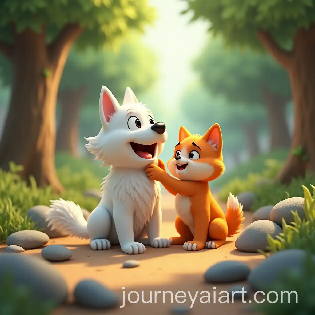 Plump-White-Dog-in-Forest-with-Orange-Cat-Encouraging-Stand-Surrounded-by-Rocks-3D-Animated-Style