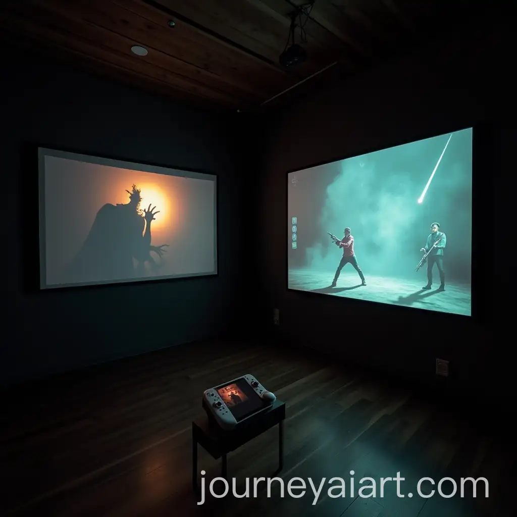 AR-Game-Booth-and-Shadow-PuppetryThemed-Gaming-Room-with-Low-Lighting-and-Smoky-Ambiance