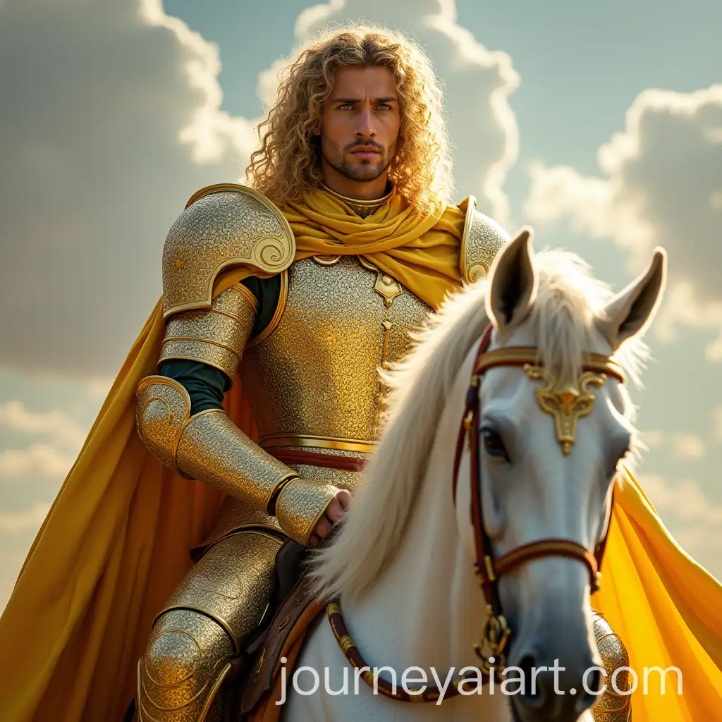Muscular-King-Warrior-in-Full-Gold-Armor-Riding-a-White-Horse