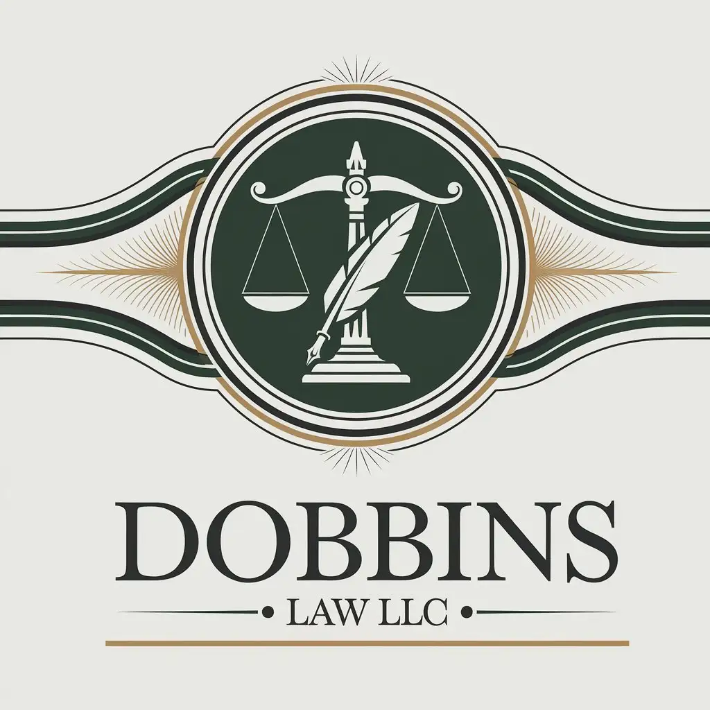 LOGO Design for Dobbins Law LLC Elegant Quill and Scales of Justice in Emerald Gold Black and White