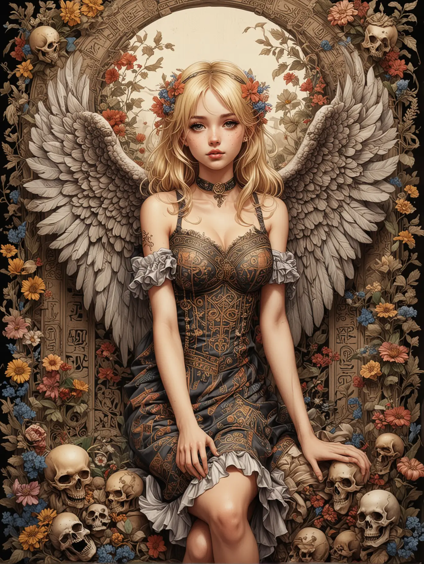 Whimsical-Sketch-of-Anime-Blonde-Girl-with-Angel-Wings-and-Skulls