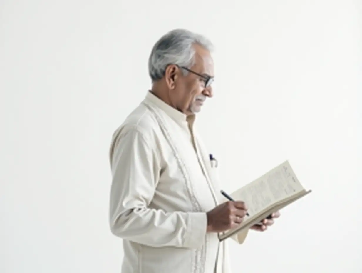 Elderly-Indian-Scriptwriter-with-Notebook-and-Pen-in-Traditional-Attire