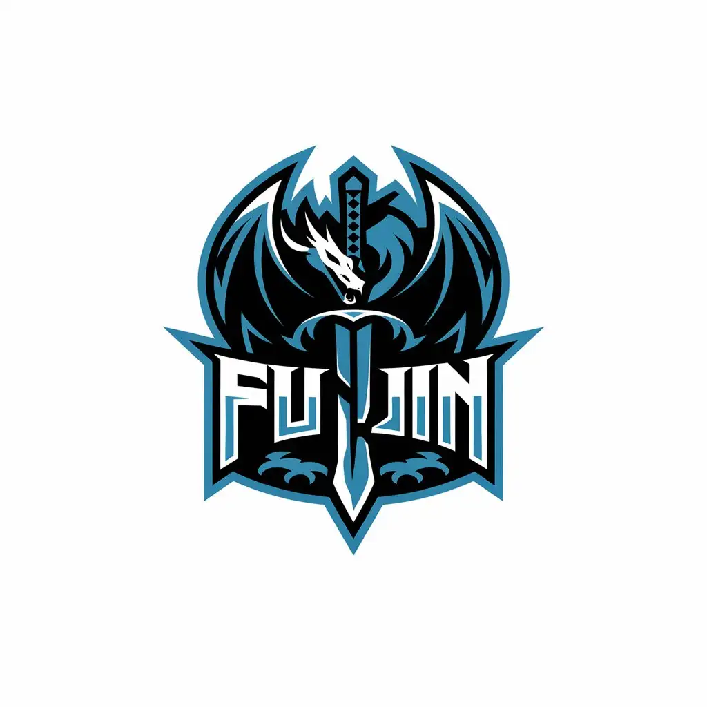 LOGO Design for FUJIN Dragon and Sword with Black and Blue Cold Tones for Entertainment Industry