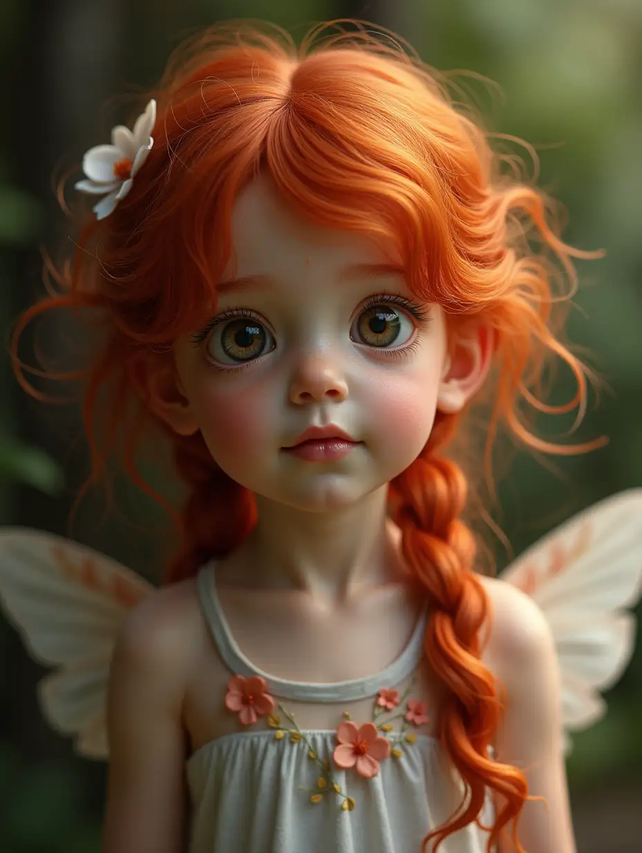 Hyperrealistic Fairy Child with Red Hair in a Magical Forest