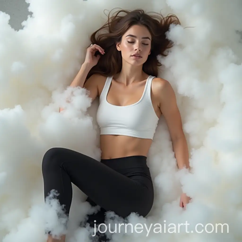 Athletic-Young-Woman-in-Clouds-Brunette-Model-in-Soft-Black-Tights-and-White-Sports-Bra