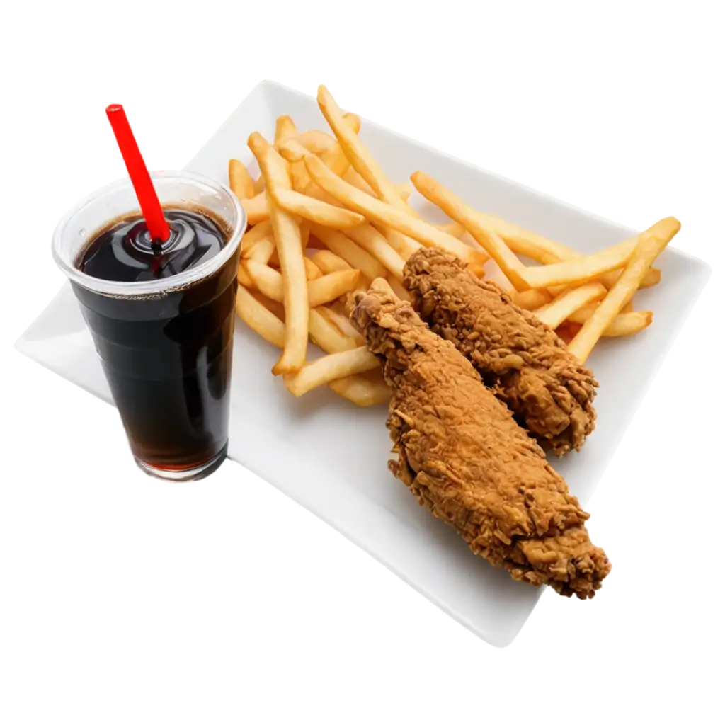 Delicious-KFC-Chicken-Strips-French-Fries-Drumstick-with-Pepsi-in-White-Plate-PNG-Image