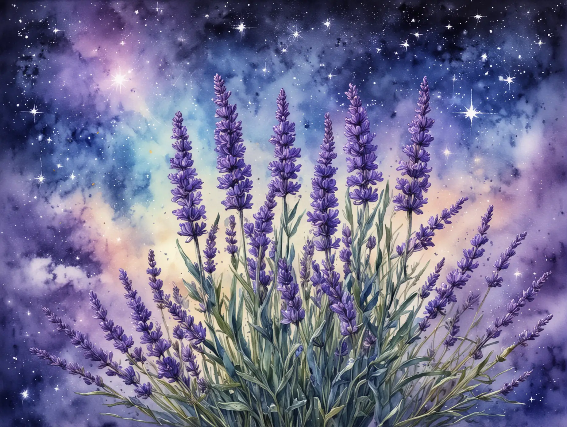 Lavender-Flowers-on-a-Starry-Night-Background-in-Watercolor