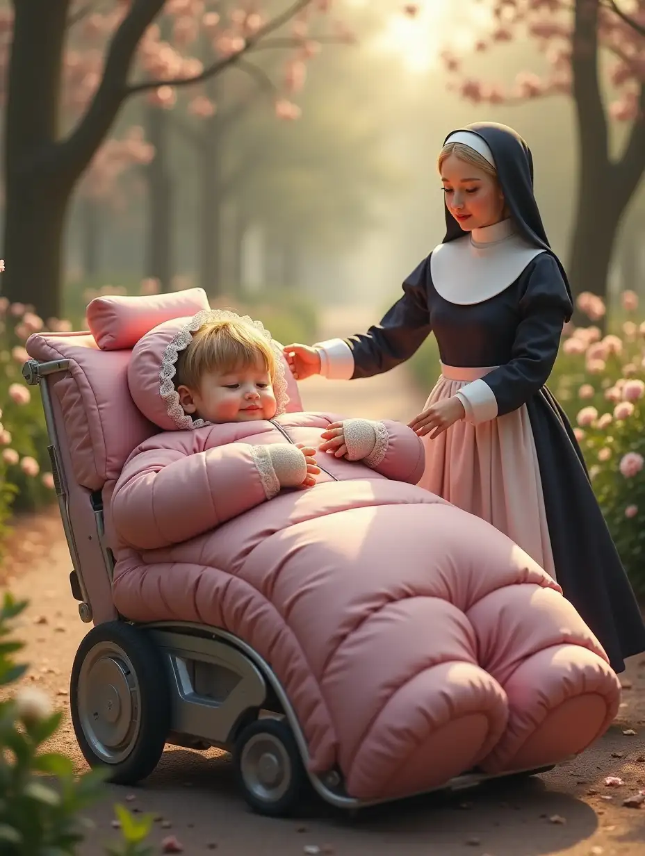 A high-quality, photorealistic image in 4K, illustrating a tender scene of an 18-year-old blonde gentle boy reclining in an oversized, comfortable electric futuristic, incredibly soft wheelchair with the softest pillows, a high back, a huge pillow for your feet, equipped with fantastic gadgets, with plump pink satin cushions and high headrest, surrounded by soft pink silk cushions. His body is fully encased in a thick, quilted sleeping bag, strapped securely to the chair. His head is hidden in a fluffy hood, with lace ruffles framing his face, the hands are enclosed in large plump mittens without fingers. The morning sun illuminates a blooming garden path where a young woman in a 19th-century victorian nun uniform, adorned with a voluminous crinoline, gently pushes the chair. The artwork features complex details and an ultra-realistic style, capturing the essence of the tranquil moment.