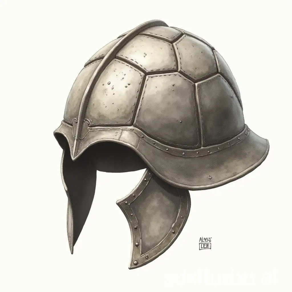 illustration, masterpiece, concept art, ancient atlantean turtle shell-inspired iron hat, elegant but simple, plain smooth iron, realistic, plausible, cool design, designed by Alan Lee, neutral background, perfect composition, example sketch, extremely detailed, watercolors, neutral background