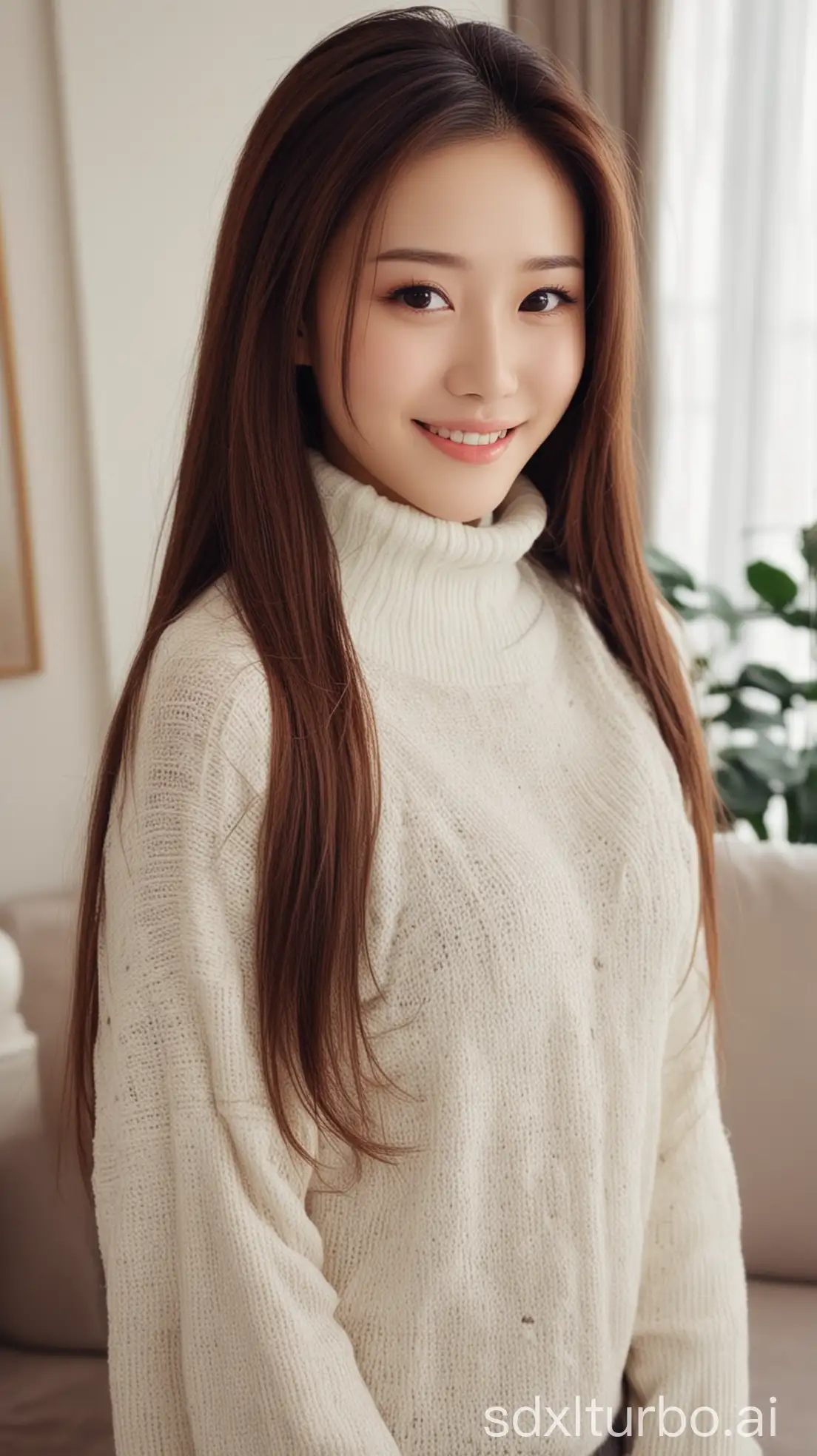 Chinese-Beauty-with-Brown-Hair-in-Winter-Living-Room