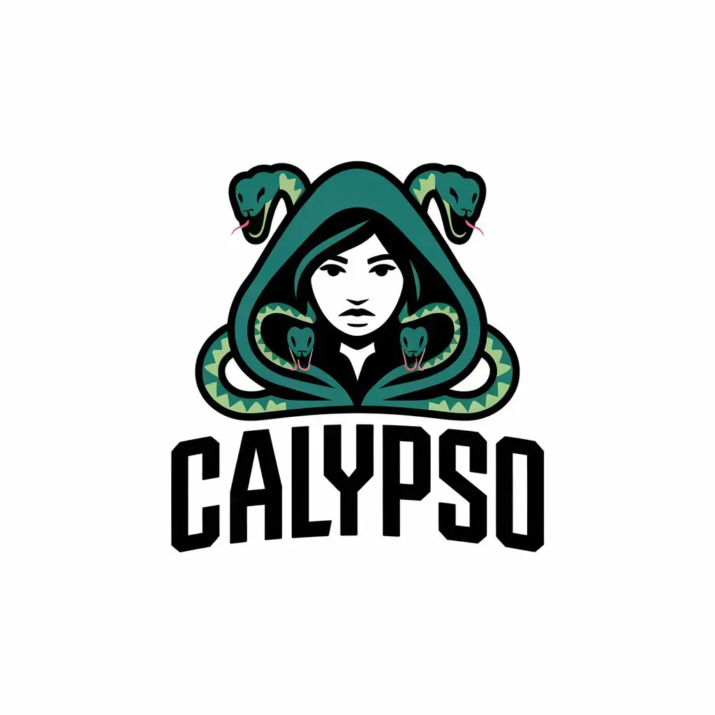 LOGO Design For Calypso Girl in Hood with Snakes Symbolizing Mystery and Entertainment