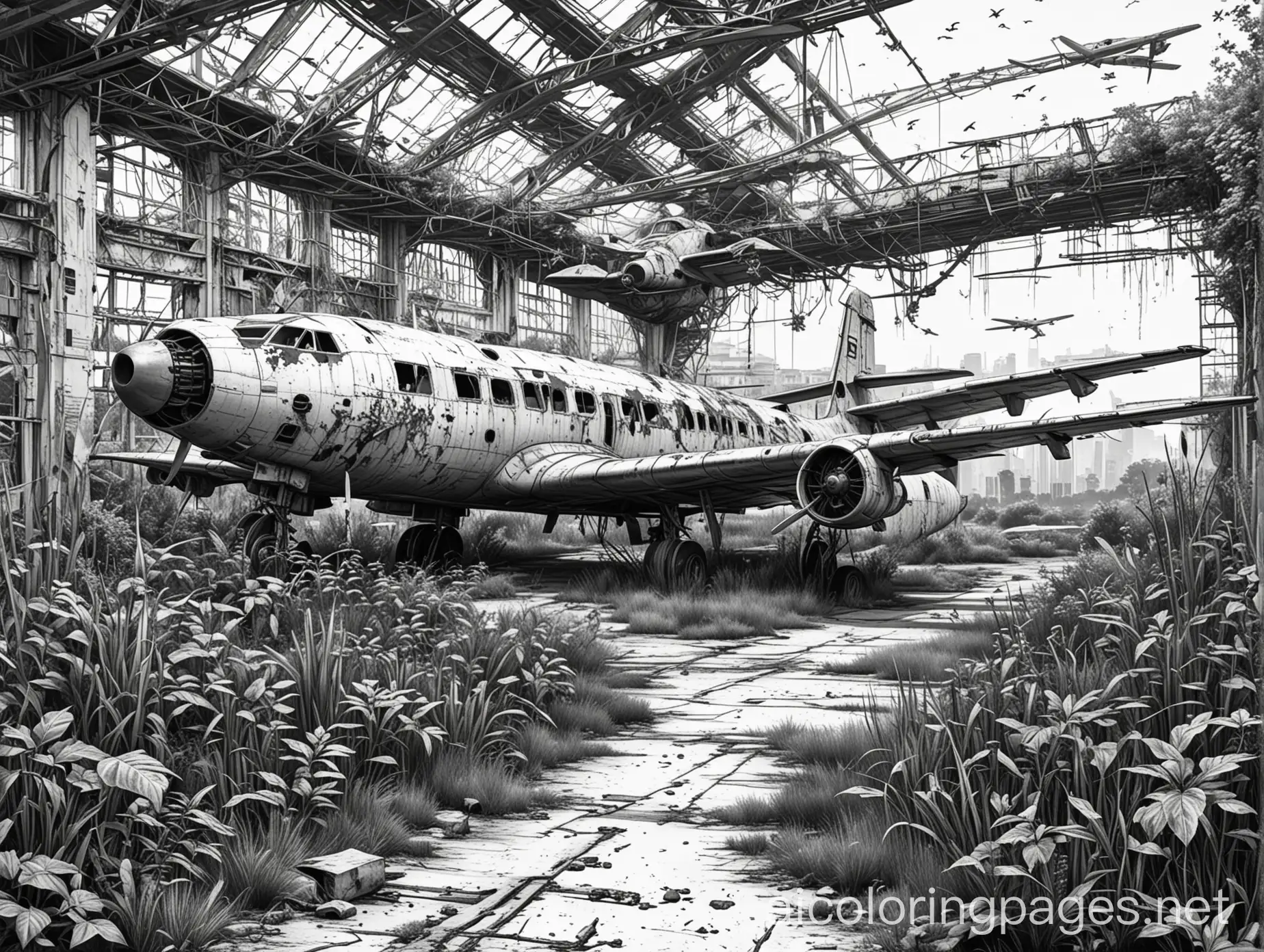 PostApocalyptic-Abandoned-Airport-with-Rusty-Broken-Airplanes-and-Overgrown-Plants