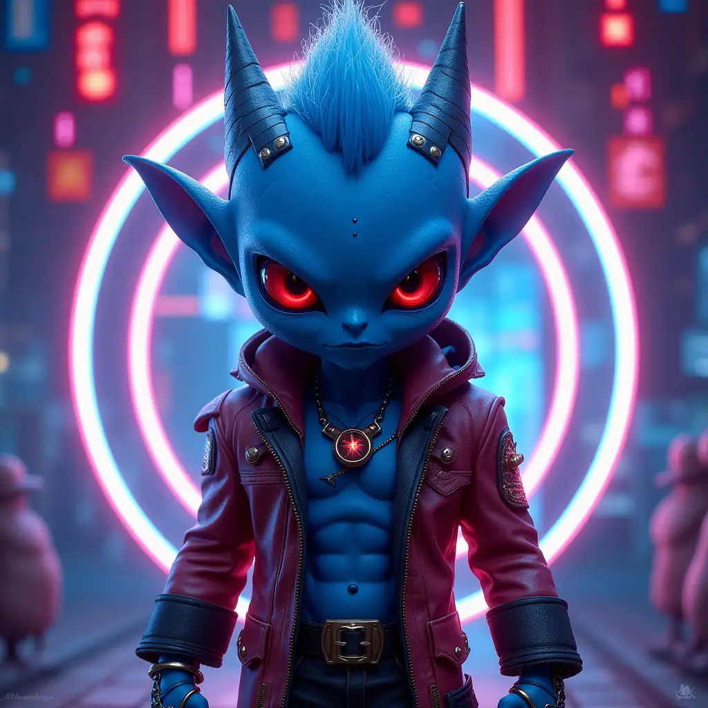 Meet the dynamic badboy alien character with striking blue skin and stitched features. Clad in a vibrant outfit and projecting raw power, he stands ready for adventure against a captivating neon backdrop.