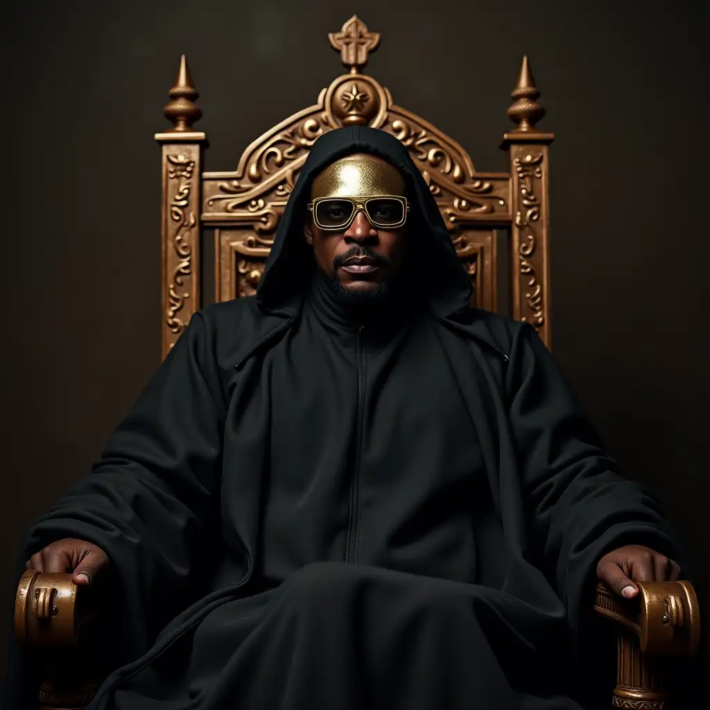 A person sitting on a throne with a mask on their head and glasses