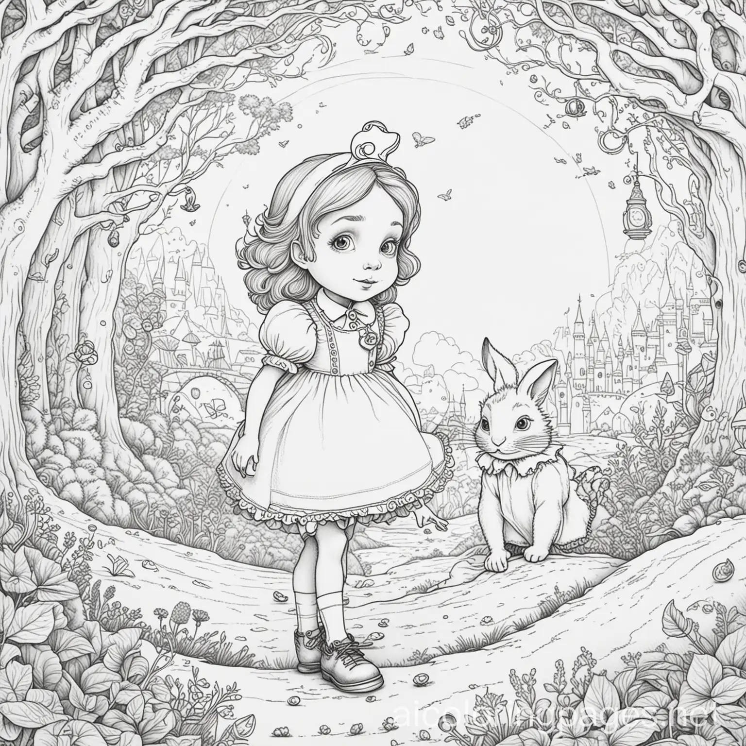 Alice in Wonderland meets The Little Prince, Coloring Page, black and white, line art, white background, Simplicity, Ample White Space. The background of the coloring page is plain white to make it easy for young children to color within the lines. The outlines of all the subjects are easy to distinguish, making it simple for kids to color without too much difficulty