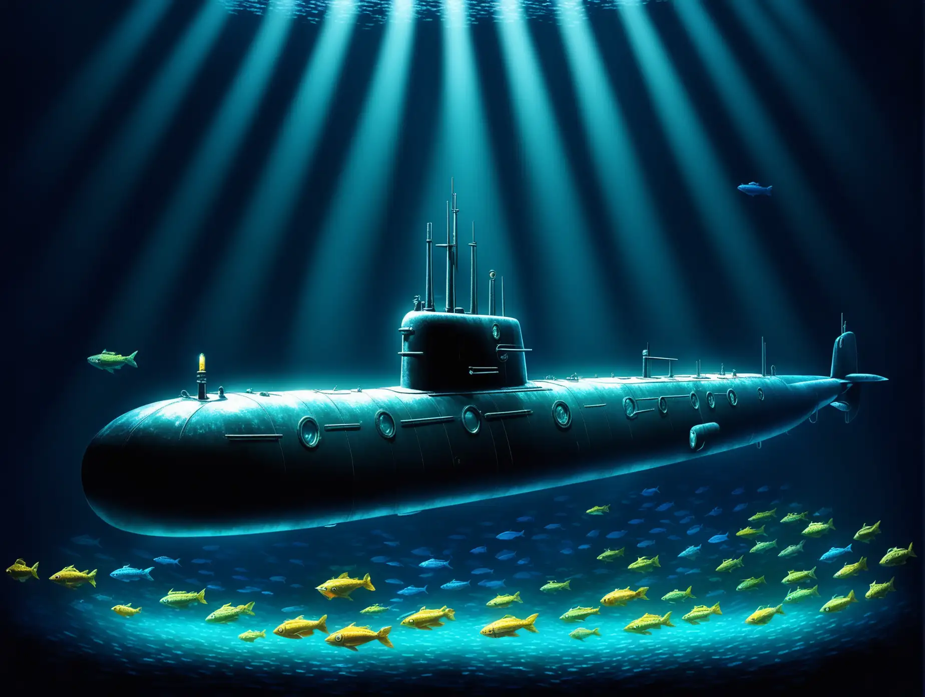 Submarine-Spotlight-Illuminating-Diverse-Undersea-Fish