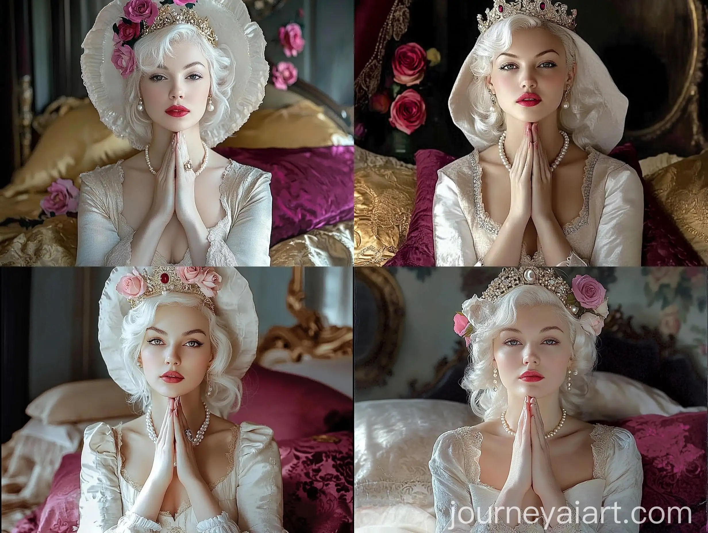 Medieval-Noblewoman-in-Prayer-on-Golden-Bed-with-Silk-Pillows