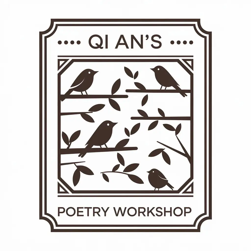 a vector logo design,with the text "Qi An's poetry workshop", main symbol:Birds, branches,Moderate,be used in Retail industry,clear background