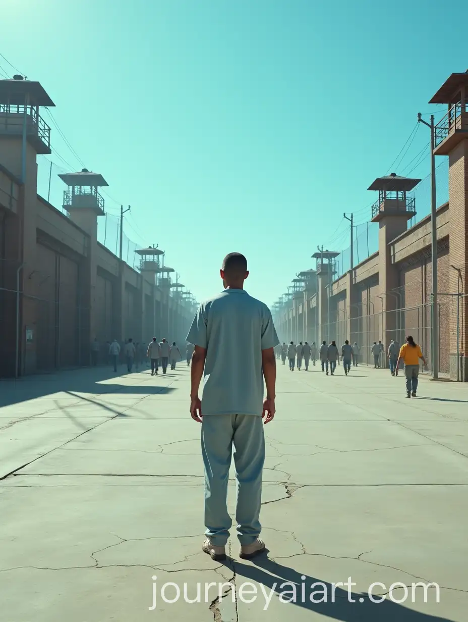 Prisoner-Standing-in-the-Middle-of-anAI-Image-Prompt-Expansion-Open-Prison-Yard-with-Watchtowers-and-Inmates