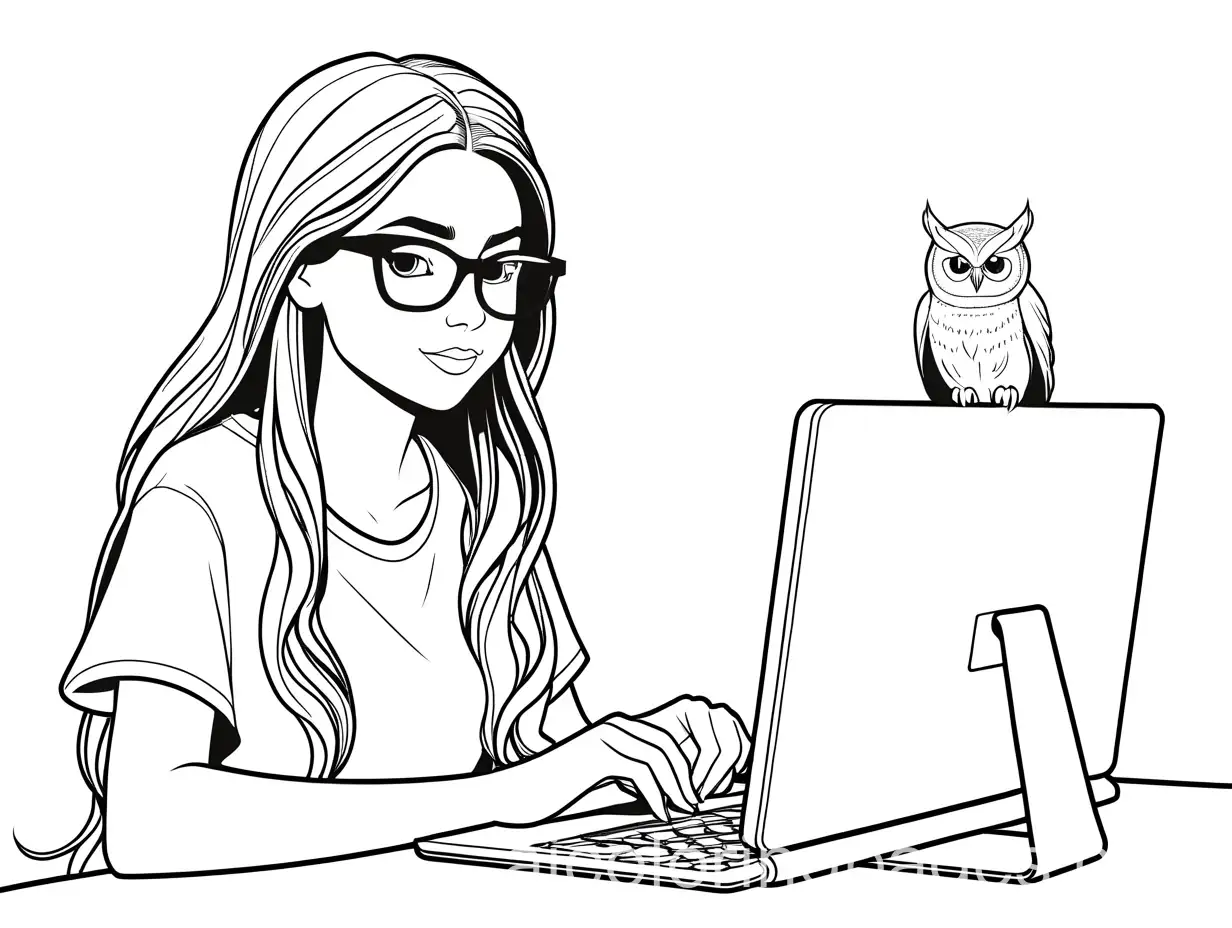 Teenage girl, fav animal owl, loves technology and is a gamer, wears glasses, long hair, Coloring Page, black and white, line art, white background, Simplicity, Ample White Space