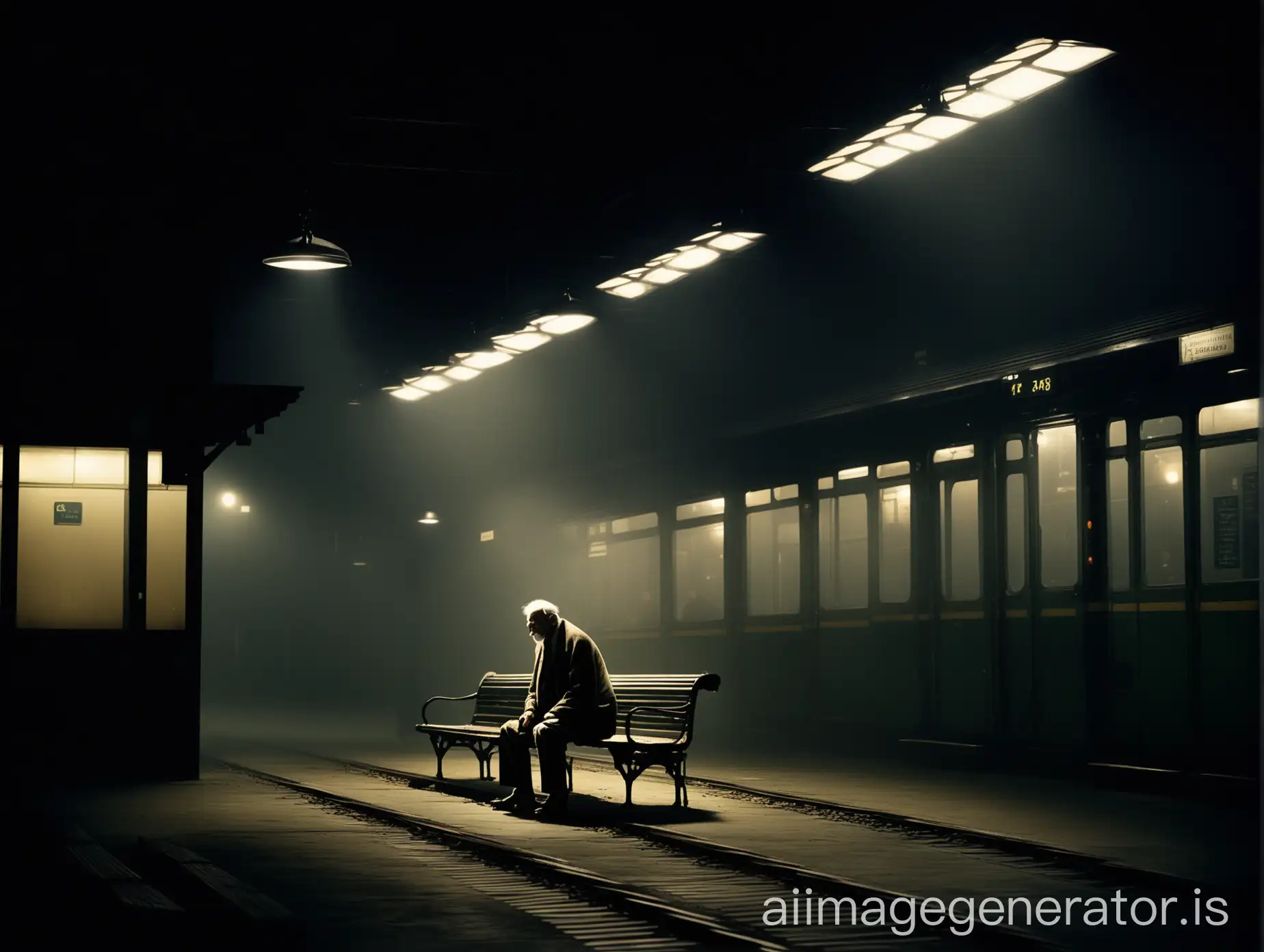 Atmospheric-Night-Scene-Elderly-Man-at-Dimly-Lit-Train-Station