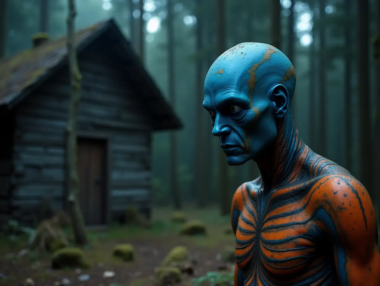 realistic image of a strange blue man humanoid with orange stripes, blue face, he examines the place, in a dark forest with an old wooden hut in the background, surreal, fantastic style , extravagant and retro, 70s, dark colors