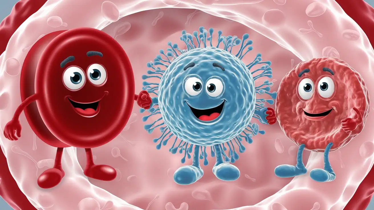 a red blood cell holds a white blood cell and a platelet by the hand. all three smile friendly